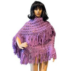 OOAK Vintage Large Hand Crocheted shawl with fringe in purple